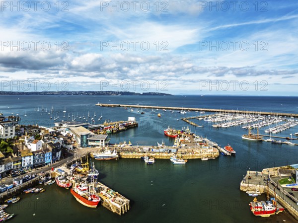 Brixham Hourbour and Brixham Marina from a drone, Brixham, Torbay, Devon, England, United Kingdom