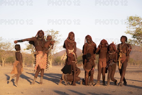 Group of Himba children and woman, evening mood, traditional Himba village, Kaokoveld, Kunene, Namibia