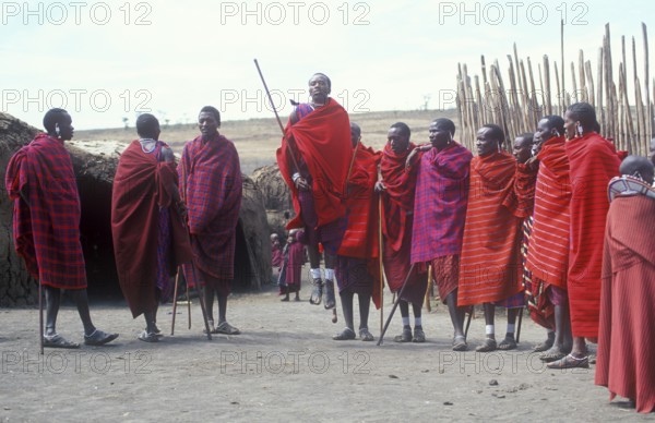 Maasai men showing traditional jumps, Ngorongoro Crater, Tanzania, Africa, June 2000, vintage, retro, old, historic