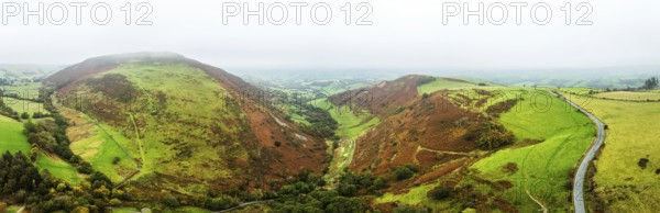Autumn colours over Llyn Clywedog and Clywedog Reservoir from a drone, Llanidloes, Wales, UK