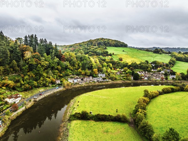 Autumn over Wye Valley and River Wye from a drone, Tintern, Chepstow, Monmouthshire, Wales, UK