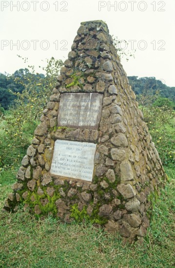 Memorial plaques for Michael Grzimek and his father Professor Bernhard Grzimek on the edge of the Ngorongoro Crater, Tanzania, Africa, June 2000, vintage, retro, old, historic