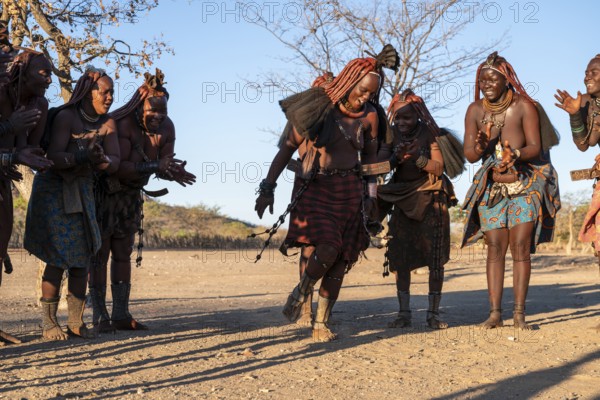 Himba woman dancing, traditional Himba village, Kaokoveld, Kunene, Namibia