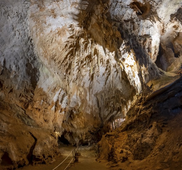 Stalactites and rock formations in a stalactite cave, Grotta del Fico, Gulf of Orosei, Baunei, Sardinia, Italy