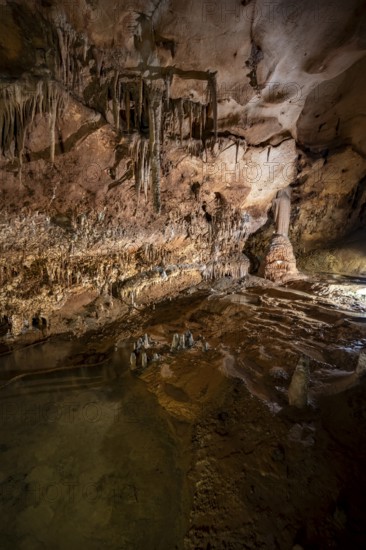 Stalactites and stalagmites, water basins and rock formations in a stalactite cave, Grotta del Fico, Gulf of Orosei, Baunei, Sardinia, Italy
