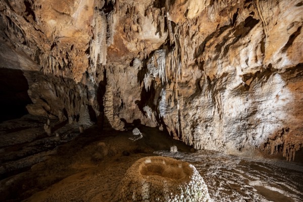 Stalactites and stalagmites, rock formations in a stalactite cave, Grotta del Fico, Gulf of Orosei, Baunei, Sardinia, Italy