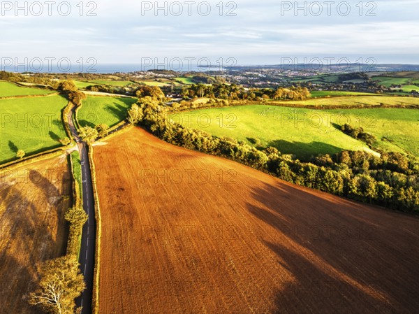 Colours of Devon Farms and Fields over Berry Pomeroy from a drone, Totnes, England, United Kingdom