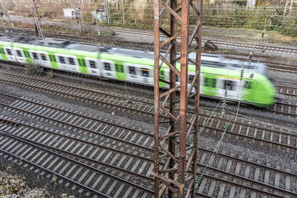 S-Bahn train on the route east, in front of Essen main station, regional transport in North Rhine-Westphalia, Germany