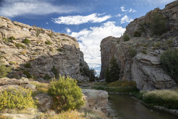 Alcova, Wyoming - Devil's Gate, a canyon cut through solid rock by the Sweetwater River. Emigrants on the Oregon Trail, Mormon Trail, and California Trail passed this way in the mid-19th century