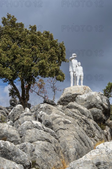 Statues at viewpoint Mirador del Guarda Forestal, at mountain road from Ronda to El Burgo, mountain range Sierra de las Nieves, Parque Nacional Sierra De Las Nieves, Andalusia, Spain