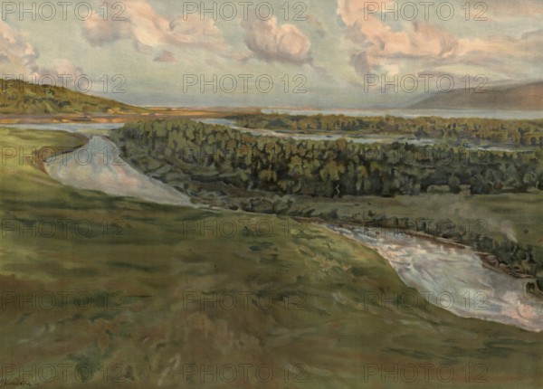 The Zhiguli Mountains are a forested low mountain range in Russia, located along the right bank of the Volga in the so-called Samara Loop, authentic reproduction of a school mural, historical, around 1900