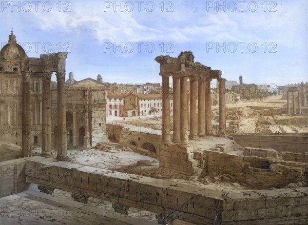 Roman Forum, Roman Market Square, in Rome is the oldest Roman forum and was the center of political, economic, cultural and religious life, Italy, authentic reproduction of a school mural, historical, around 1900