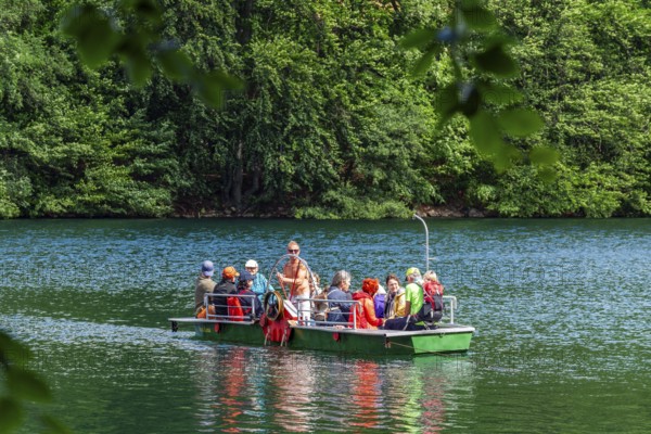 Manually operated ferry with ferryman and passengers, Lake Schmaler Luzin, Feldberg Lake District, Mecklenburg Lake District, Mecklenburg-Western Pomerania, Germany