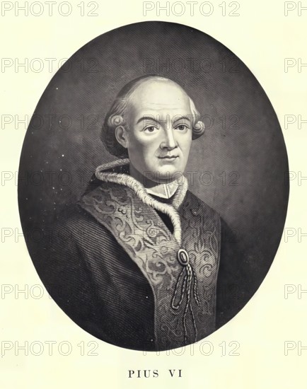 Pius VI (civil name Giovanni Angelo Count Braschi, born 25 December (1) 1717 in Cesena, Papal States, died 29 August 1799 in Valence) was the 250th Pope of the Roman Catholic Church from 1775 to 1799. He had previously been a priest from 1758 and a cardinal from 1773. At 24 years, his pontificate was one of the longest in church history, Historical, authentic, digitally restored reproduction from a 19th century original, Record date not stated