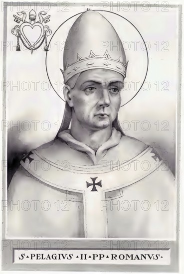 Pelagius II (born in Rome, died 7 February 590) was Bishop of Rome from his election on 26 November 579 until his death, Historical, authentic, digitally restored reproduction from a 19th century original, Record date not stated
