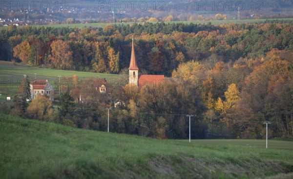 Autumn landscape with St. Egidien church, Beerbach, Middle Franconia, Bavaria, Germany