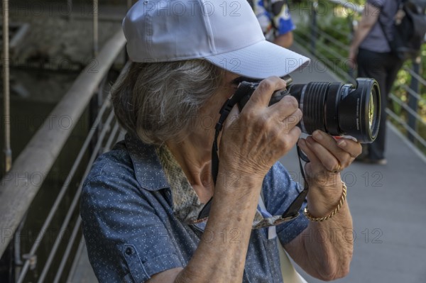 Elderly woman taking pictures, Amberg Upper Palatinate, Bavaria, Germany