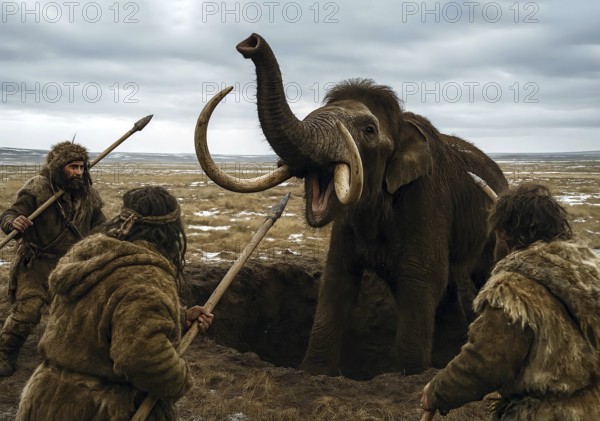 A mammoth (Mammuthus) in a pit in the ice age cold steppe is attacked by prehistoric hunters with spears, symbolic image woolly mammoth, Mammuthus primigenius, elephant, ice age, prehistoric, extinct, animal world, fossil, AI generated