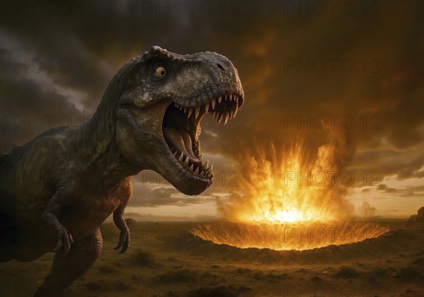 A Tyrannosaurus rex hunts looks startled at a fiery asteroid that hits the earth, symbol carnivore, lizard, prehistoric period, terrifying, paleontology, herbivore, meteor, celestial body, eradication, extinction, dinosaur, extinct, fossil, prehistoric, AI, AI generated
