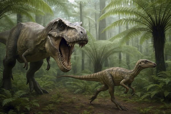 A Tyrannosaurus rex hunts a small dinosaur in a prehistoric forest of ferns, symbol carnivore, lizard, prehistoric, terrifying, paleontology, herbivore, extinct, fossil, prehistoric, AI generated