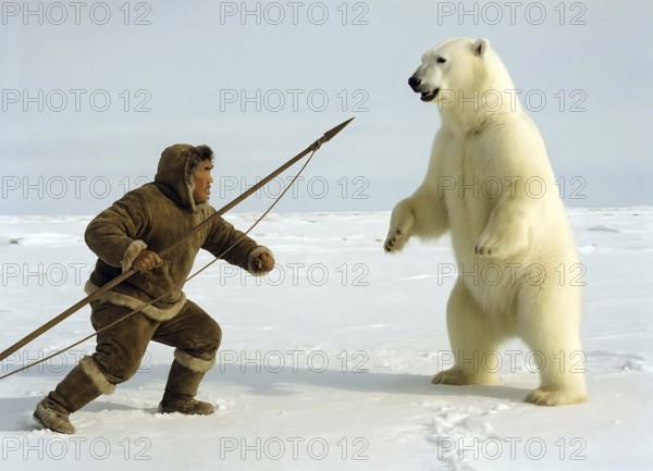 An Inuit hunts a polar bear in the snowy Arctic, symbol Eskimo, polar region, winter, hunting, indigenous people, indigenous people, ethnic group, fur clothing, AI generates, AI generated