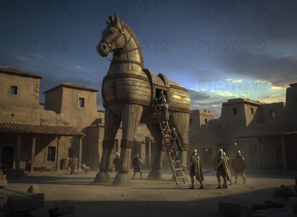 The Trojan horse stands at night in the ancient city of Troy, Greek warriors get out of the belly of the wooden horse, symbol of antiquity, mythology, Trojan War, Homer, Illiad, Priam, Hector, Achilles, soldiers, Cassandra, Laocoon, AI generated