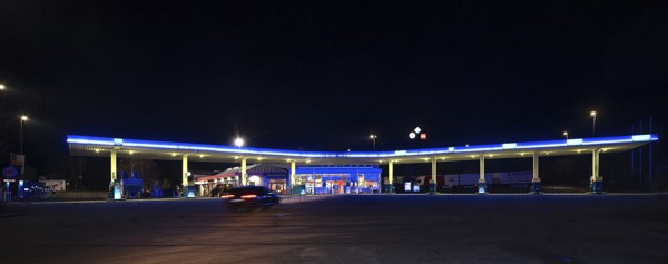 Gas station at night, Schnaittach, Middle Franconia, Bavaria, Germany