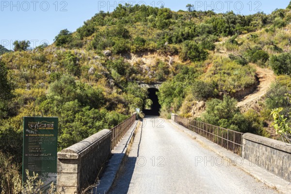 Bridge Viaducto de Gillete, cycle path Via Verde de la Sierra, Puerto Serrano to Olvera, old railroad track, cycle path on bridge, near village Coripe, Andalusia, Spain