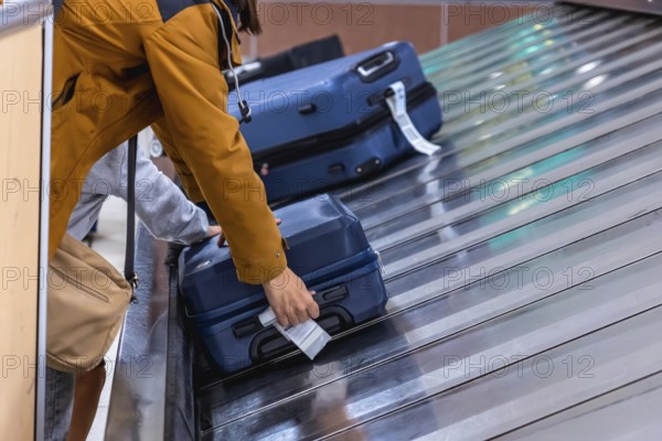 Tourist retrieving luggage from the baggage carousel in an airport terminal, celebrating the excitement of arrival and the start of a new travel adventure