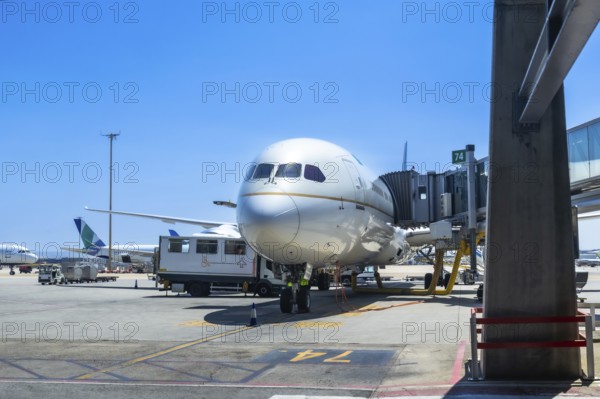 Wide body airplane connected to a jet bridge at an airport gate, ground crew preparing for passenger boarding under a clear blue sky, symbolizing air travel and global connectivity