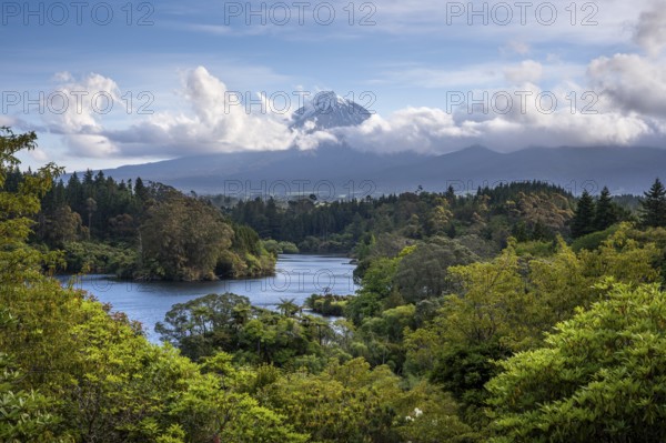 Lake Mangamahoe with views of Mount Taranaki. Egmont National Park, Taranaki Region, North Island, New Zealand