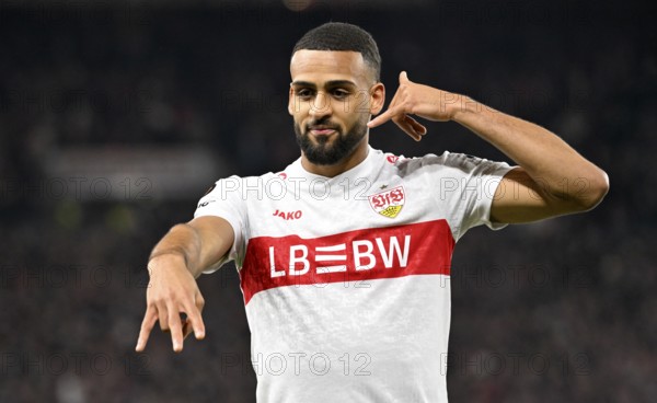 Goal celebration Josha Vagnoman VfB Stuttgart (04) Gesture Gesture Europa League, MHPArena, MHP Arena Stuttgart, Baden-Württemberg, Germany