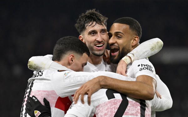 Goal celebration Josha Vagnoman VfB Stuttgart (04) Atakan Karazor VfB Stuttgart (16) Bilal El Khannouss VfB Stuttgart (11) Badredine Bouanani VfB Stuttgart (27) Europa League, MHPArena, MHP Arena Stuttgart, Baden-Württemberg, Germany