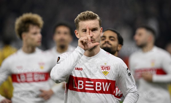 Goal celebration Maximilian Mittelstädt VfB Stuttgart (07) Europa League, MHPArena, MHP Arena Stuttgart, Baden-Württemberg, Germany