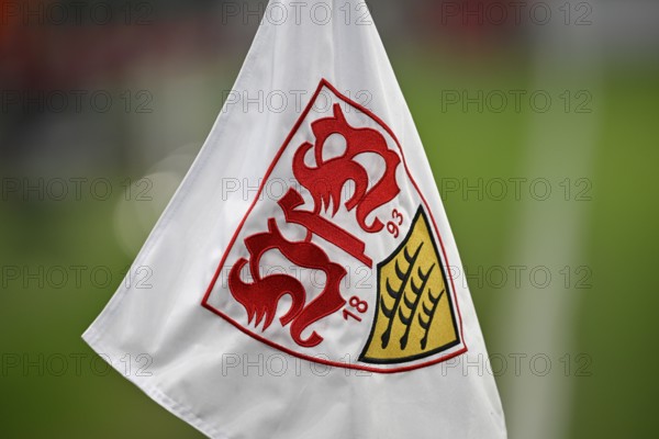 Corner flag with VfB Stuttgart coat of arms, logo, Europa League, MHPArena, MHP Arena Stuttgart, Baden-Württemberg, Germany