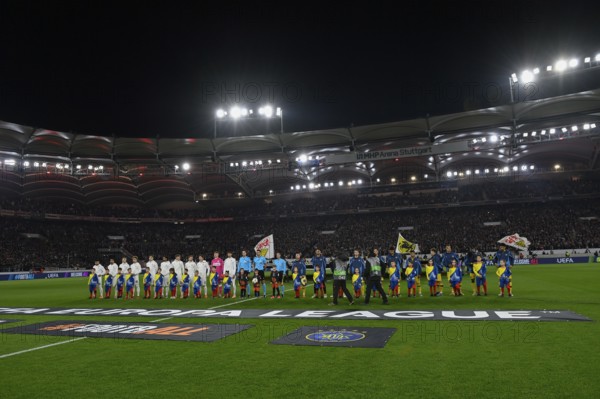 Line-up of the teams VfB Stuttgart and Maccabi Tel Aviv FC in front of the start of the game, TV camera, Europa League, MHPArena, MHP Arena Stuttgart, Baden-Württemberg, Germany
