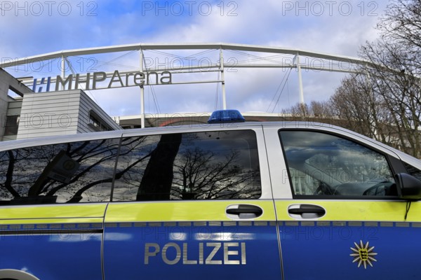 High security game VfB Stuttgart versus Maccabi Tel Aviv FC, police vehicle in front of stadium, Europa League, MHPArena, MHP Arena Stuttgart, Baden-Württemberg, Germany