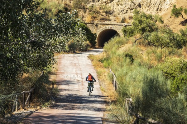 Woman riding a bycicle, cycle path Via Verde de la Sierra, path leads through a tunnel, Puerto Serrano to Olvera, near village Olvera, Andalusia, Spain