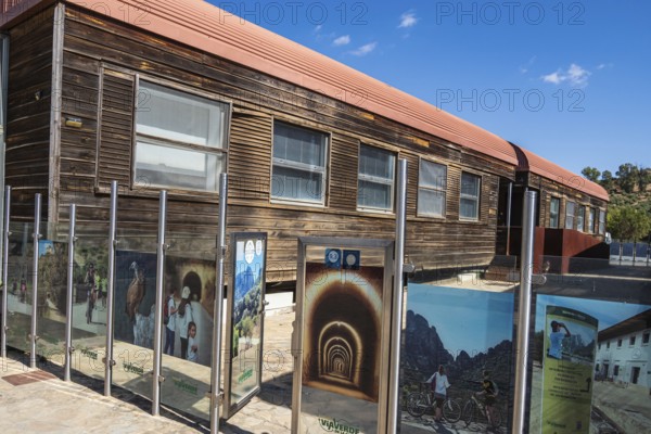 Former train station at village Olvera, now used for tourism, cafe and lodging, cycle path Via Verde de la Sierra, Puerto Serrano to Olvera, old railroad track, Andalusia, Spain