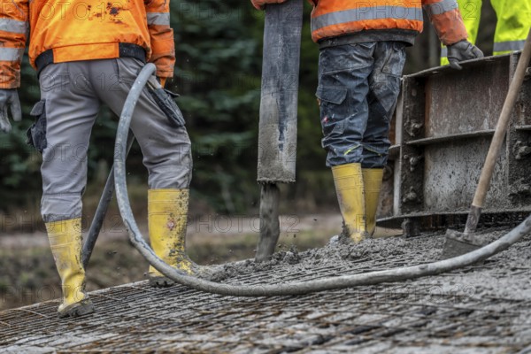 Concreting, concreting the foundation of a wind turbine, concrete pump hose, compressor, more than 600 cubic meters of concrete will be pumped into the foundation for over 7 hours, over 100 tons of reinforcing steel have been used, the wind turbine will have a hub height of 160 meters, part of a new wind farm in Sauerland, near Balve, North Rhine-Westphalia, Germany