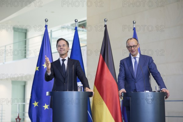 Mark Rutte (Secretary General of NATO) and Friedrich Merz (Chancellor of the Federal Republic of Germany, CDU) at a press conference after a one-on-one meeting in the Federal Chancellery, Berlin, 11 December 2025