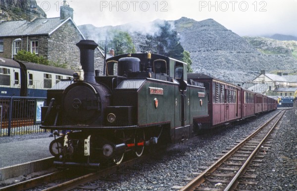 Earl of Merioneth, Double Fairlie articulated steam locomotive train engine, Ffestiniog Railway, Blaenau Ffestiniog, Gwynedd, Wales, UK 1985