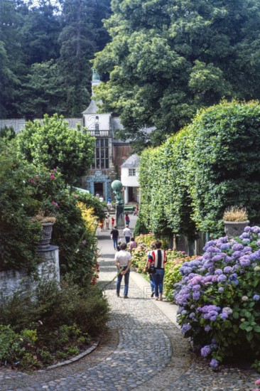Buildings in Portmeirion folly tourist village, Gwynedd, North Wales, UK in 1985, built by Sir Clough Williams-Ellis
