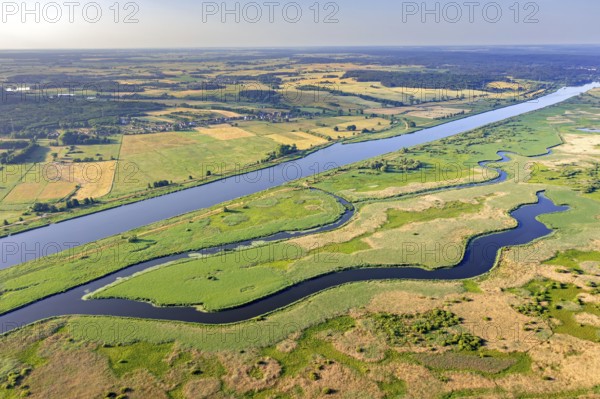 Aerial view over the Oder river in the German-Polish nature reserve Lower Oder Valley International Park, Uckermark district, Brandenburg, Germany