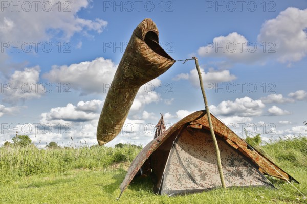 Camp of a nature photographer, pictorial representation of wind, windsock, Peenetal nature park Park, Mecklenburg-Western Pomerania, Germany