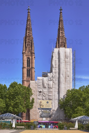 St. Boniface Catholic Church, scaffolding, renovation, trees, blue sky, cirrus clouds, Luisenplatz, Luisenstraße, Wiesbaden, state capital, district-free city, Hesse, Germany