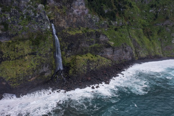 Waterfall flows into the sea, Miradouro do Véu da Noiva, Madeira, Portugal