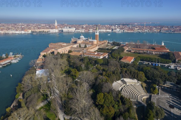 Aerial view, Isola di San Giorgio Maggiore, San Marco Basin, Venice, Veneto, Italy