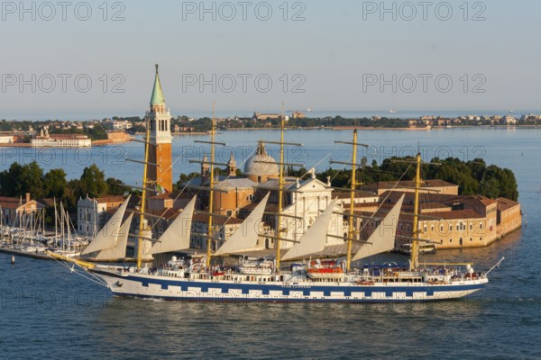 View of the Star Clippers cruise ship from Campanile, in front of Isola della Giudecca, Venice, Italy