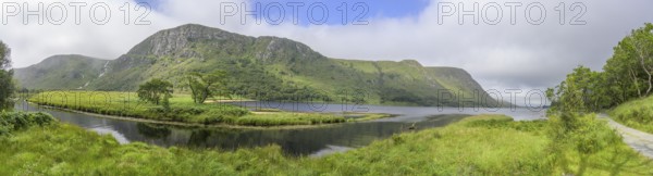 Panorama with waterfall and mouth of the Owenacoo River into Lough Beagh, Glenveagh National Park, Cross Roads, County Donegal, Ireland